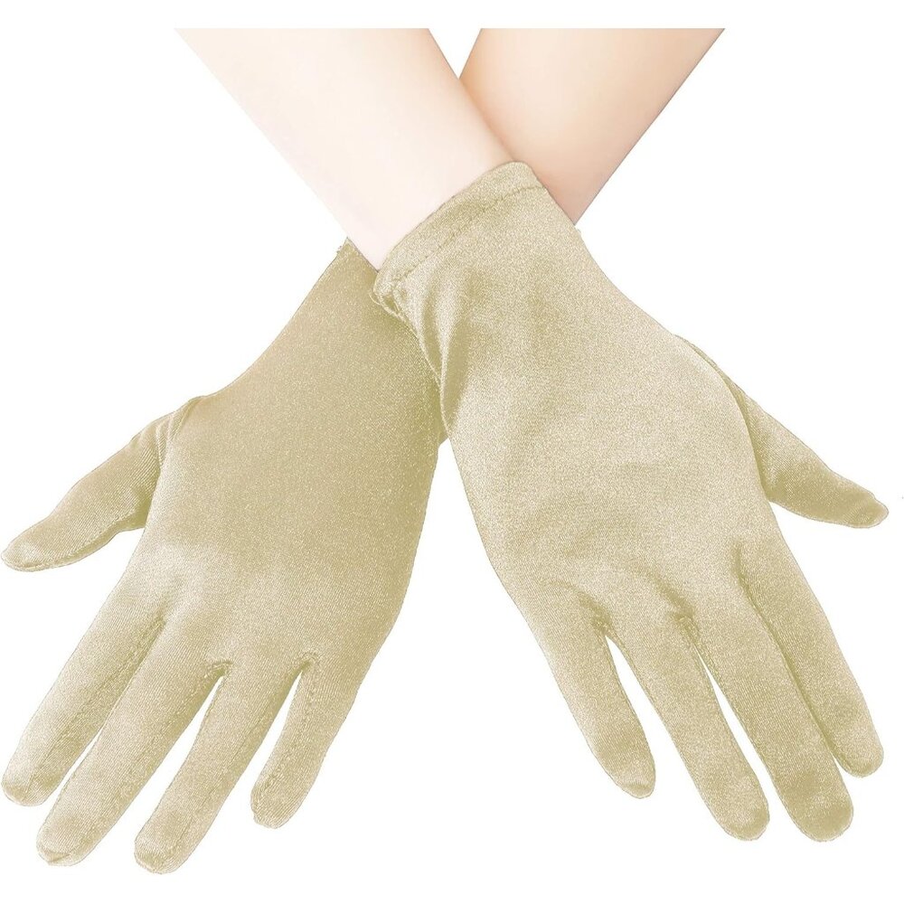 Women's 8-6 Cream Elastic Short Length Satin Wrist Gloves Wedding Bride Prom